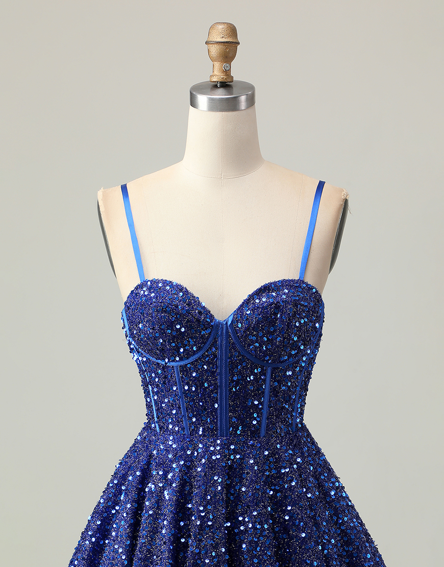 Sparkly Dark Blue Sequin A Line Corset Short Homecoming Dress