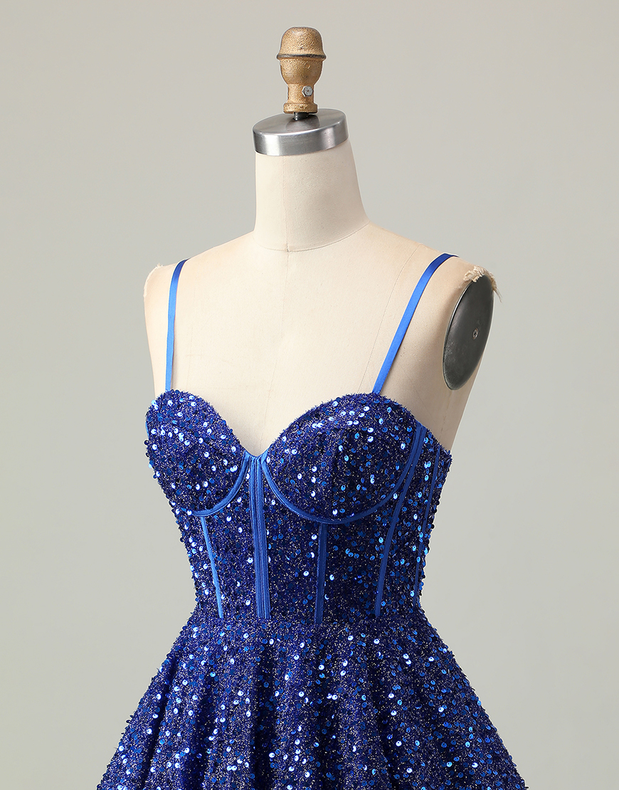 Sparkly Dark Blue Sequin A Line Corset Short Homecoming Dress