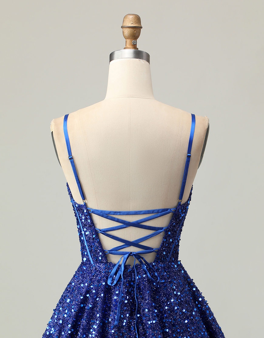 Sparkly Dark Blue Sequin A Line Corset Short Homecoming Dress
