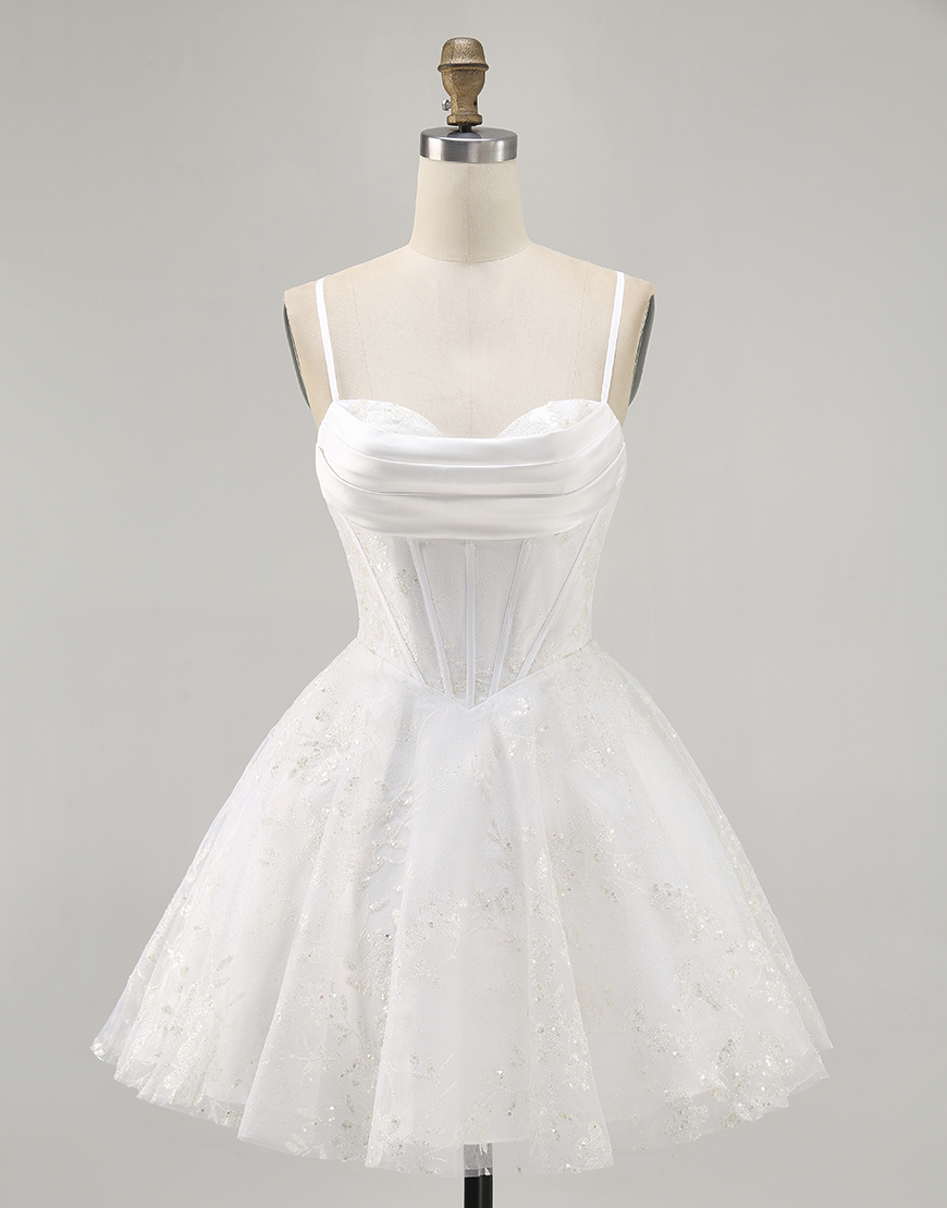 White A Line Spaghetti Straps Short Corset Homecoming Dress with Lace