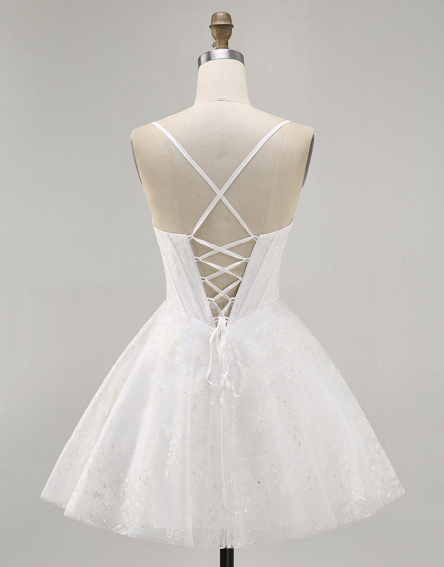 White A Line Spaghetti Straps Short Corset Homecoming Dress with Lace