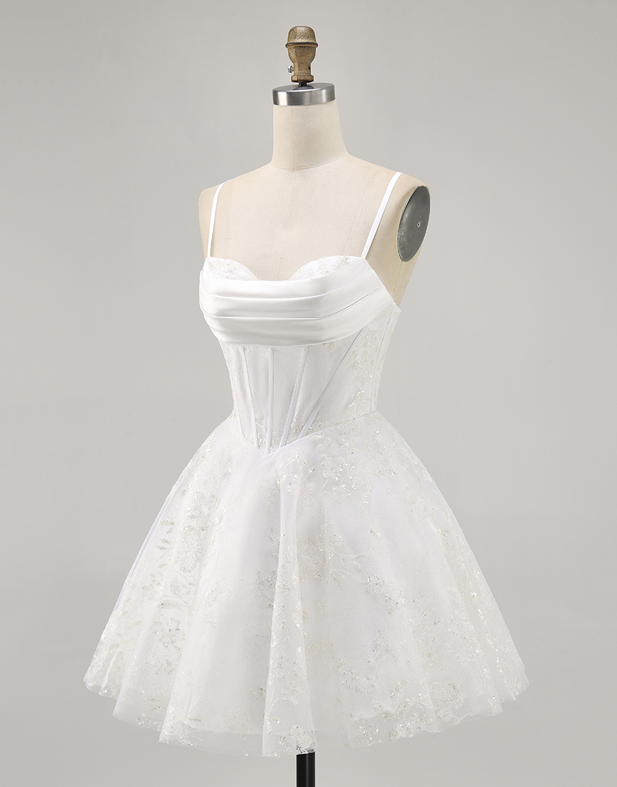White A Line Spaghetti Straps Short Corset Homecoming Dress with Lace