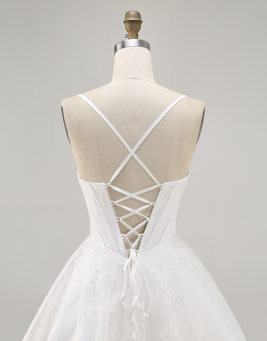 White A Line Spaghetti Straps Short Corset Homecoming Dress with Lace