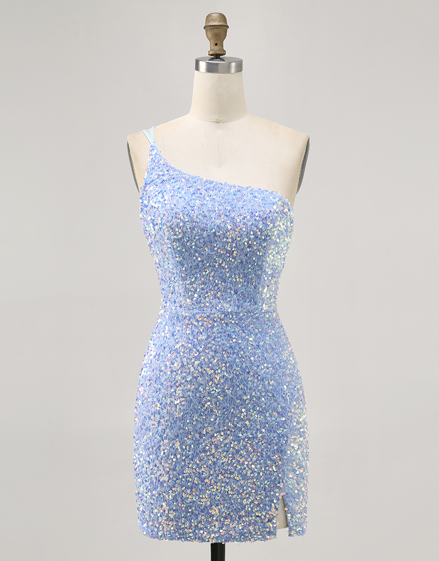 Sparkly Blue One Shoulder Short Sequins Homecoming Dress