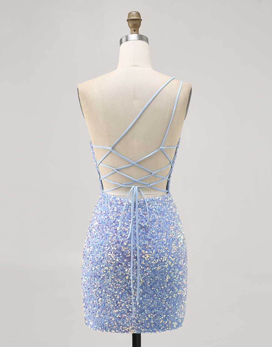 Sparkly Blue One Shoulder Short Sequins Homecoming Dress