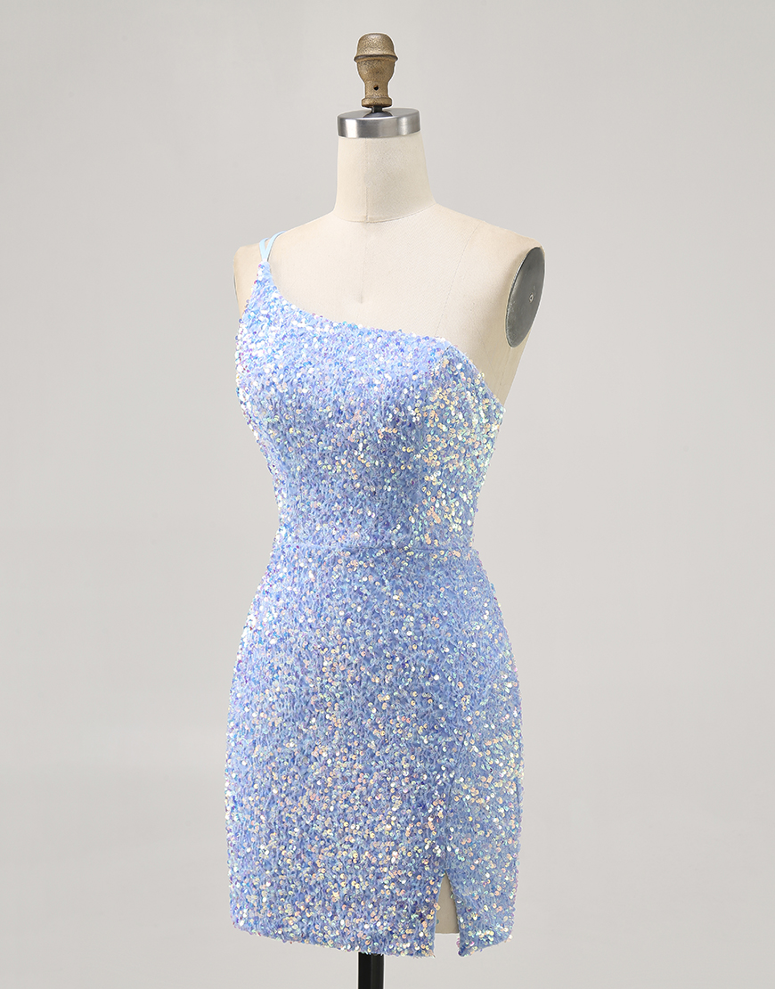 Sparkly Blue One Shoulder Short Sequins Homecoming Dress