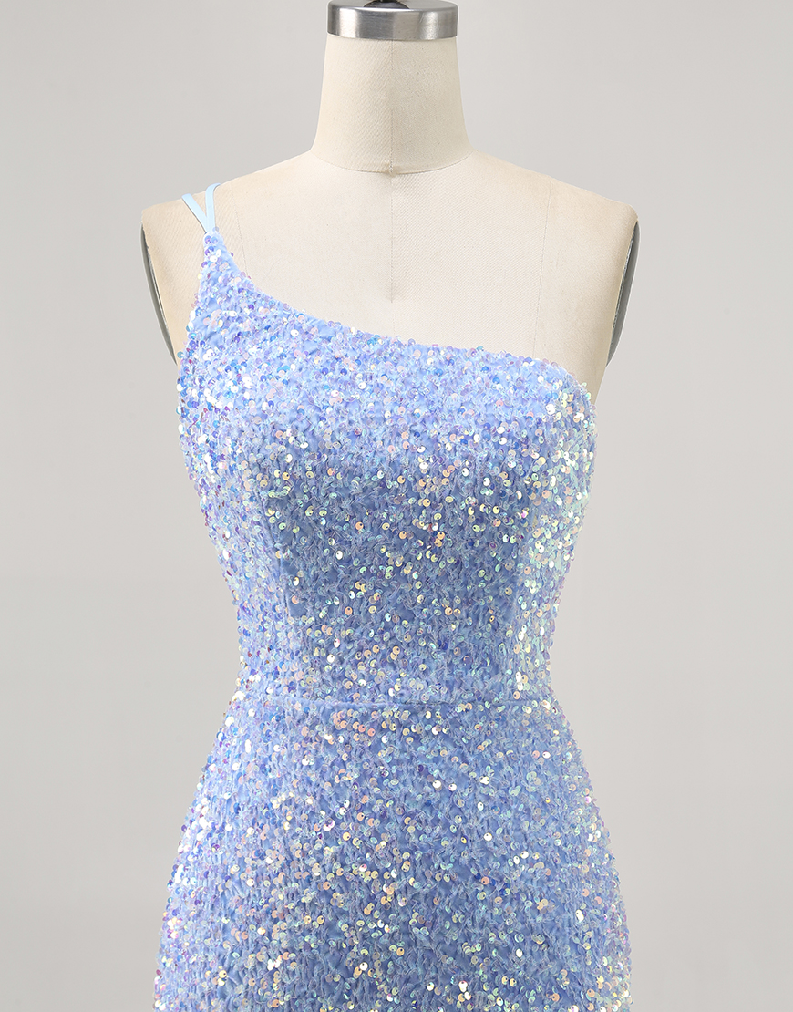 Sparkly Blue One Shoulder Short Sequins Homecoming Dress