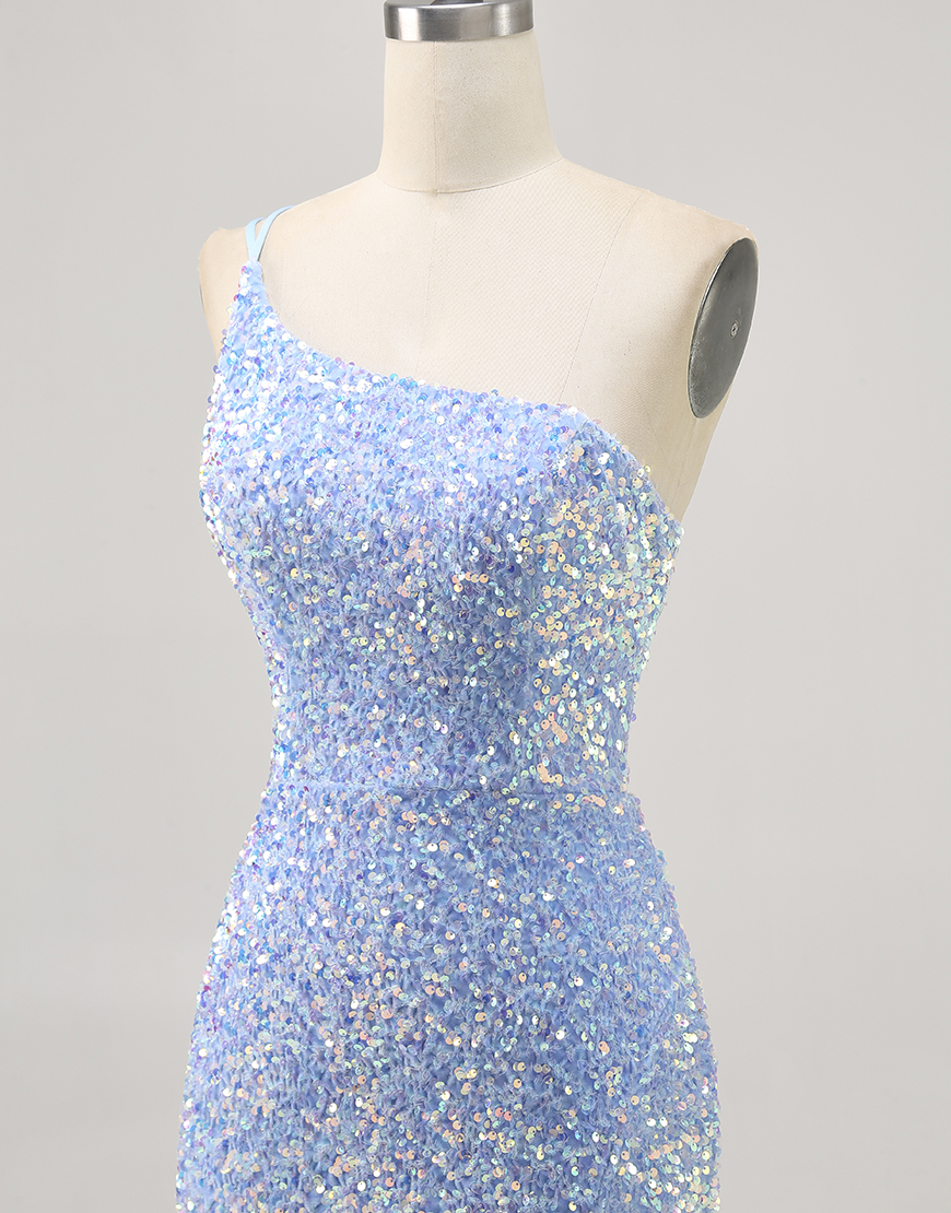 Sparkly Blue One Shoulder Short Sequins Homecoming Dress