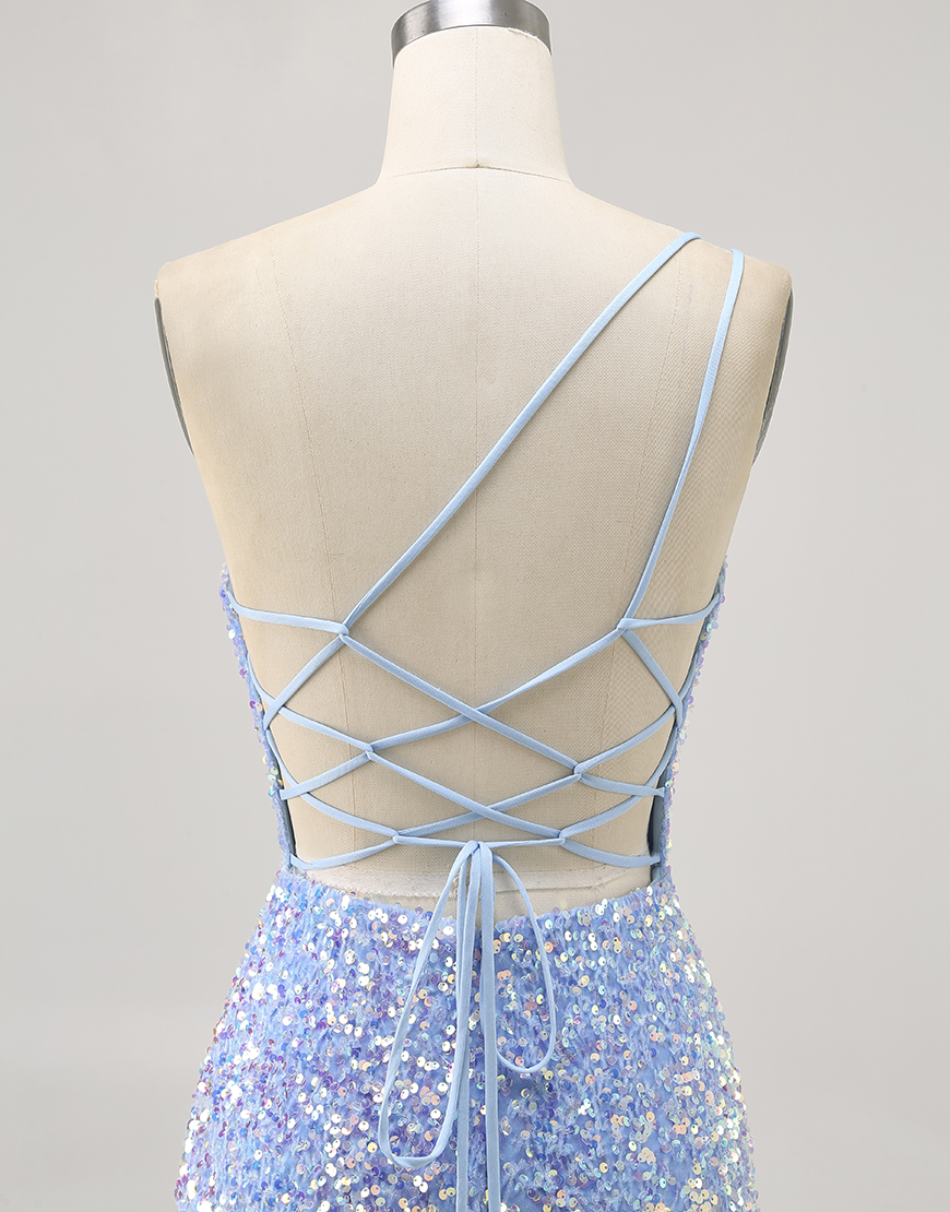 Sparkly Blue One Shoulder Short Sequins Homecoming Dress