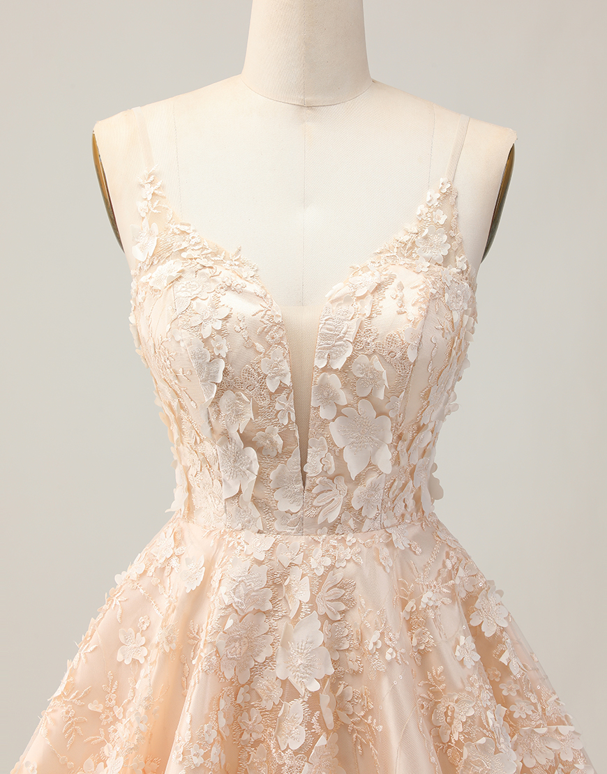 Apricot A Line Spaghetti Straps Floral Short Homecoming Dress