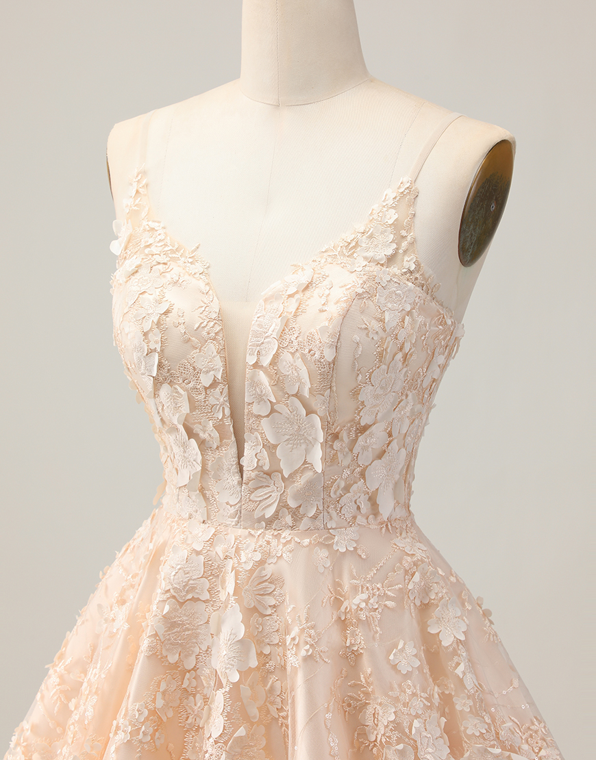Apricot A Line Spaghetti Straps Floral Short Homecoming Dress