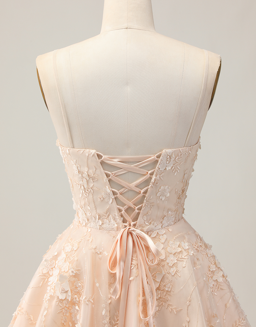 Apricot A Line Spaghetti Straps Floral Short Homecoming Dress