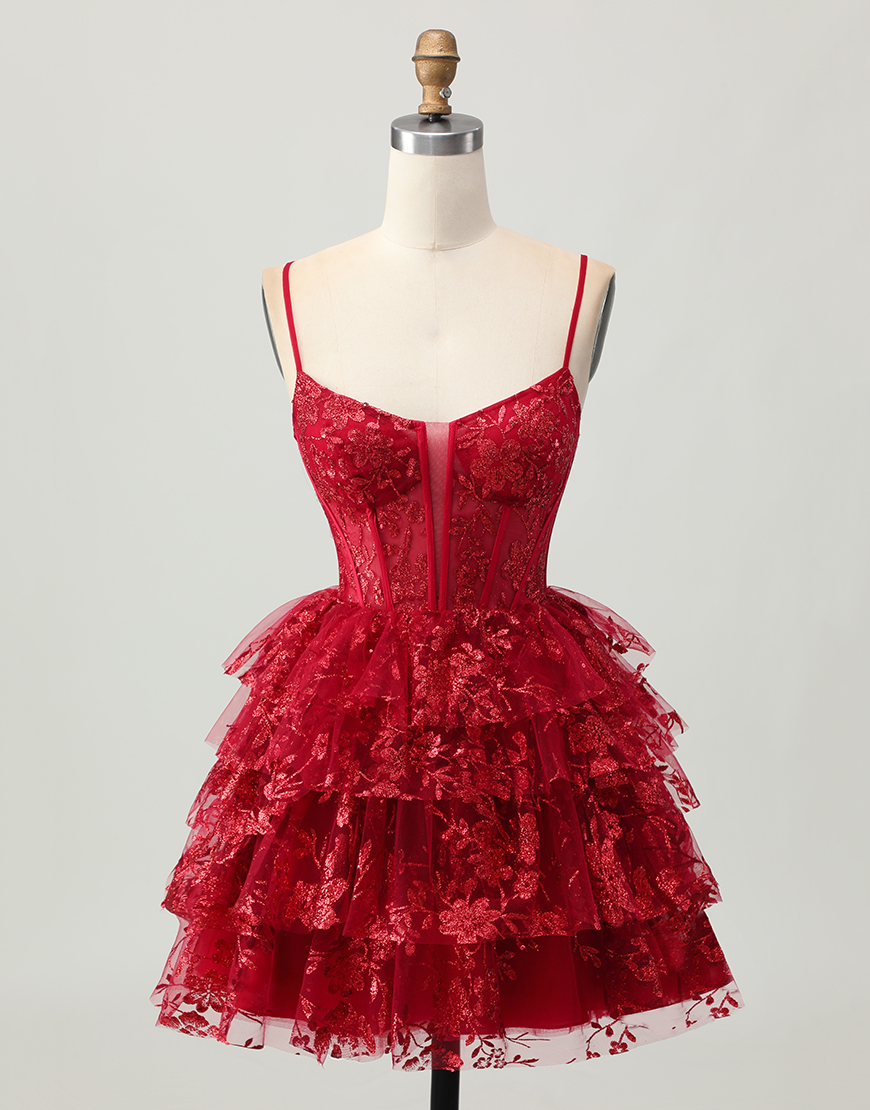 Sparkly Dark Red A Line Corset Short Tiered Homecoming Dress with Lace