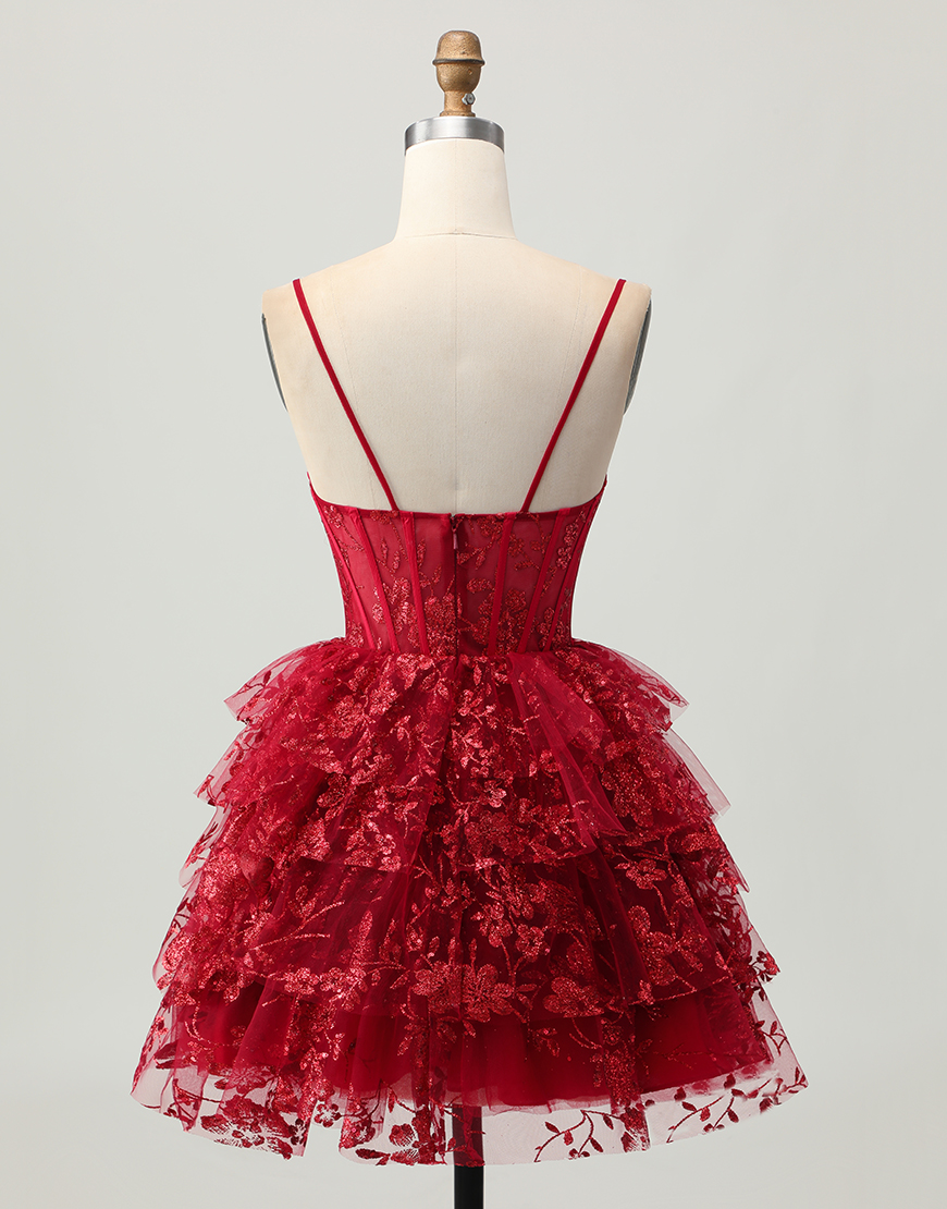 Sparkly Dark Red A Line Corset Short Tiered Homecoming Dress with Lace