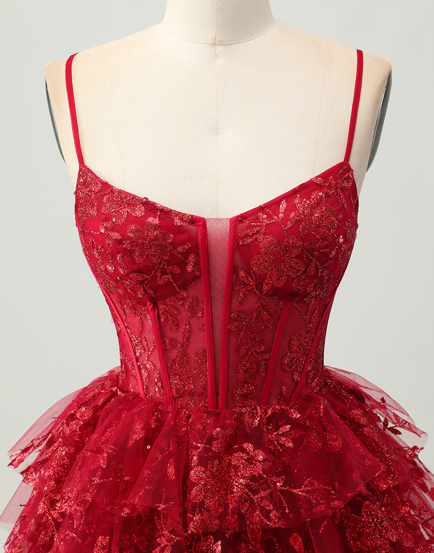 Sparkly Dark Red A Line Corset Short Tiered Homecoming Dress with Lace