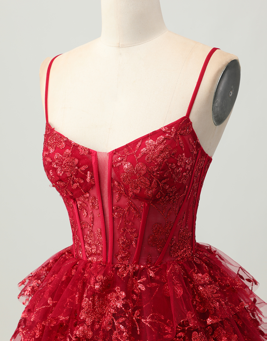 Sparkly Dark Red A Line Corset Short Tiered Homecoming Dress with Lace