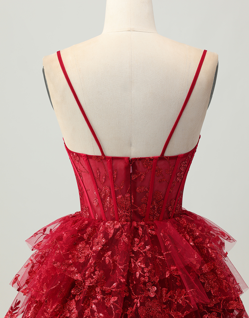 Sparkly Dark Red A Line Corset Short Tiered Homecoming Dress with Lace