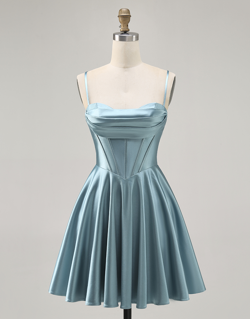 Grey Green Satin A Line Spaghetti Straps Short Corset Homecoming Dress