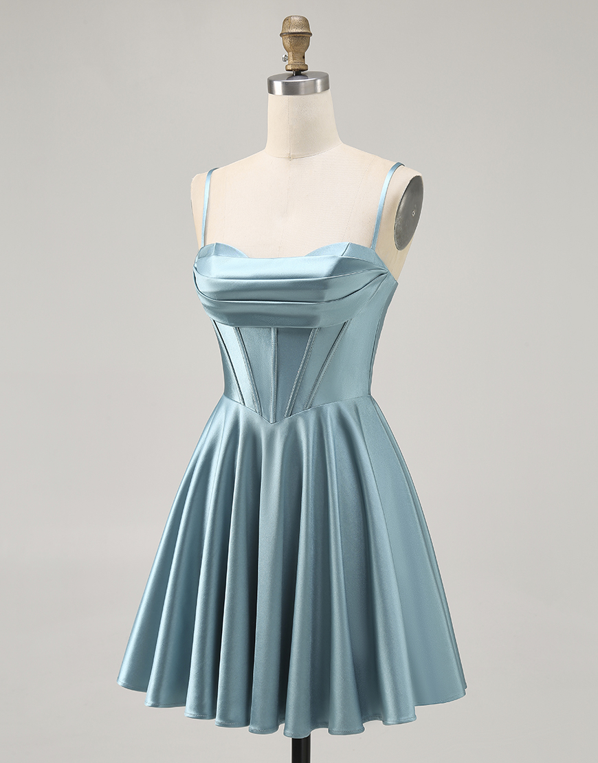 Grey Green Satin A Line Spaghetti Straps Short Corset Homecoming Dress