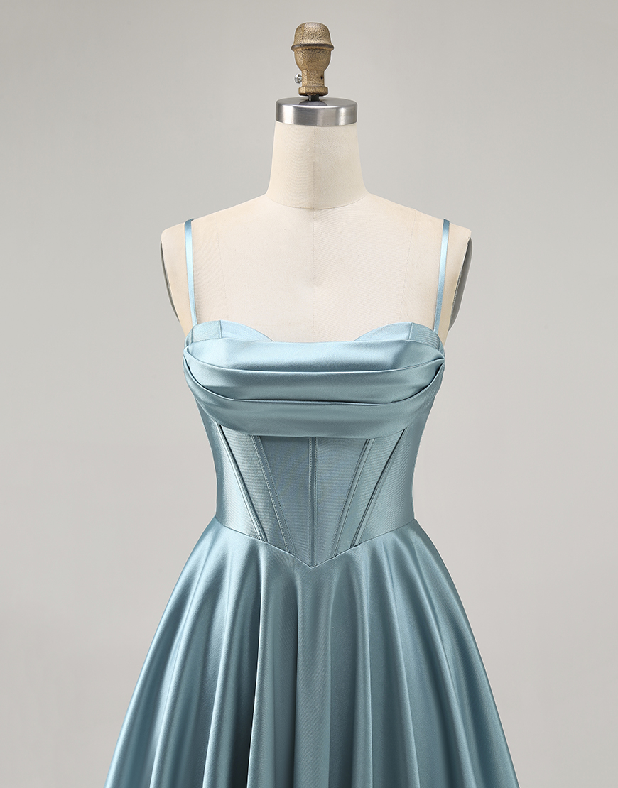 Grey Green Satin A Line Spaghetti Straps Short Corset Homecoming Dress