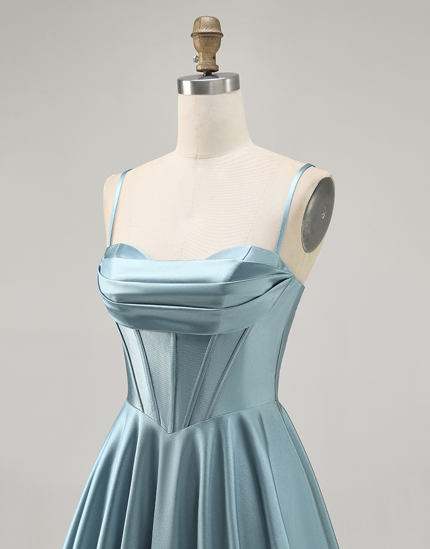 Grey Green Satin A Line Spaghetti Straps Short Corset Homecoming Dress