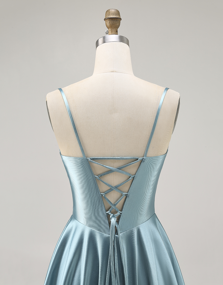 Grey Green Satin A Line Spaghetti Straps Short Corset Homecoming Dress