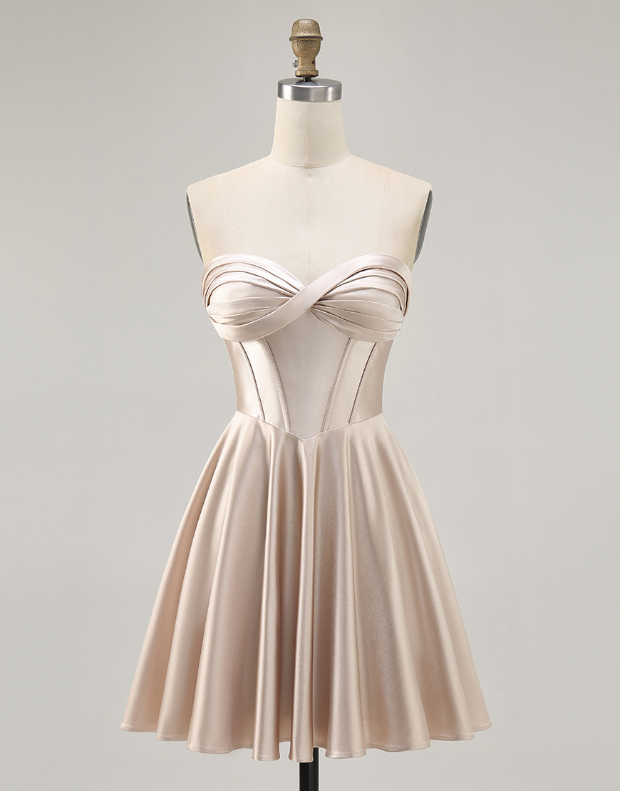 Champagne Satin Sweetheart A Line Short Corset Homecoming Dress