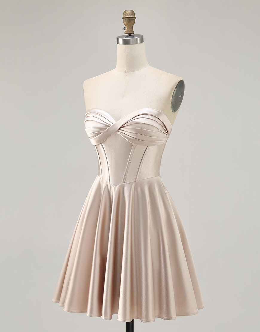 Champagne Satin Sweetheart A Line Short Corset Homecoming Dress