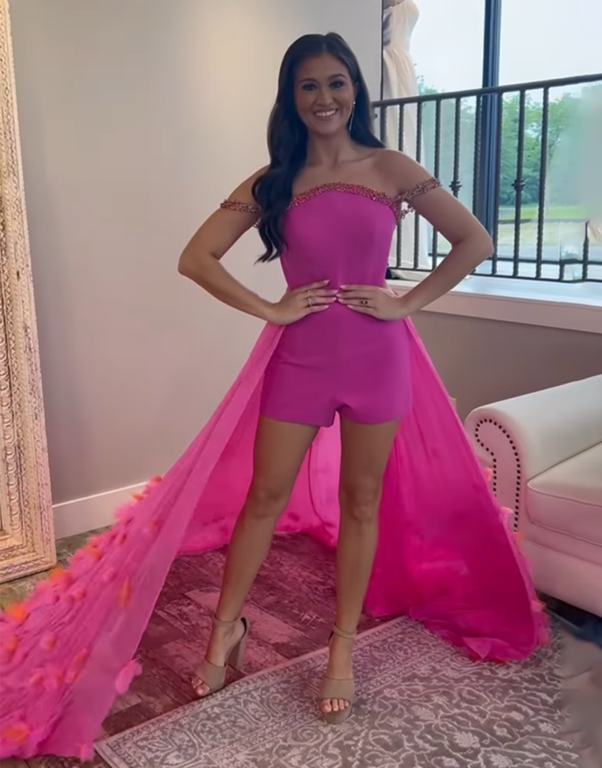 Sparkly Fuchsia Short Floral Tight Satin Homecoming Jumpsuits with Cape