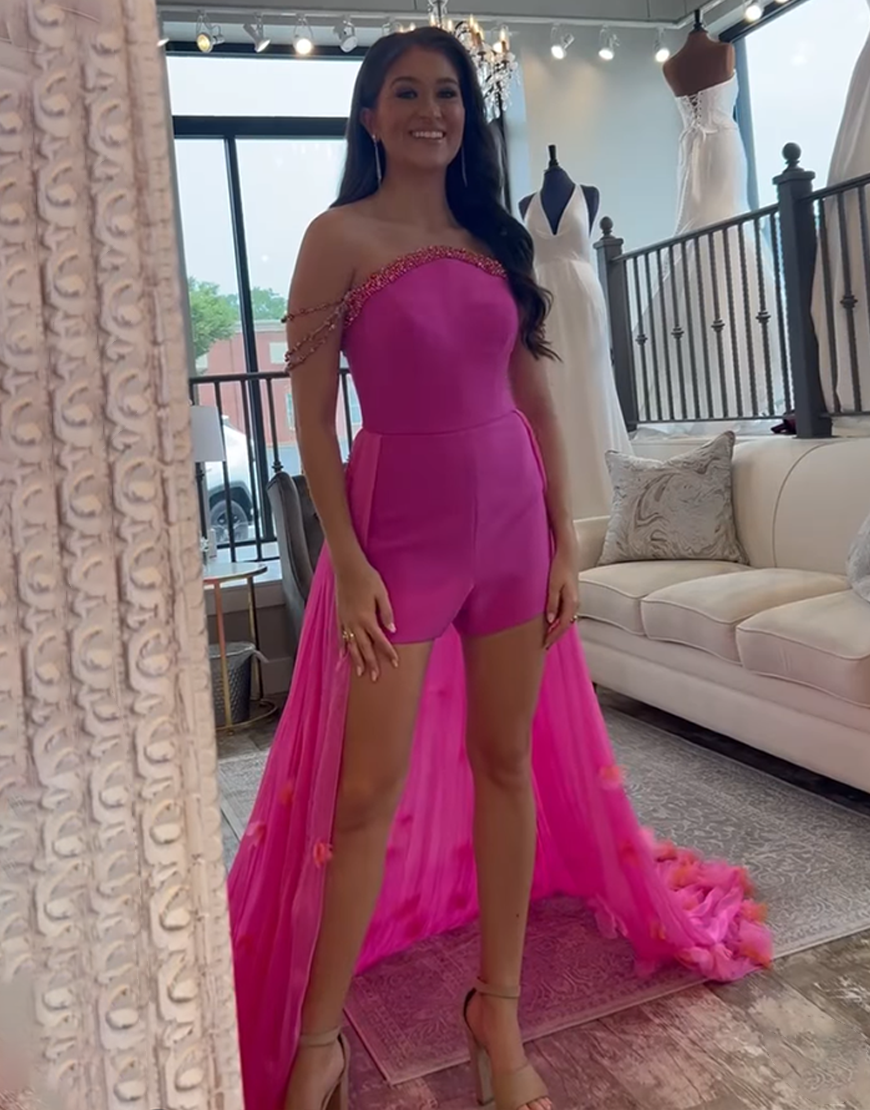 Sparkly Fuchsia Short Floral Tight Satin Homecoming Jumpsuits with Cape