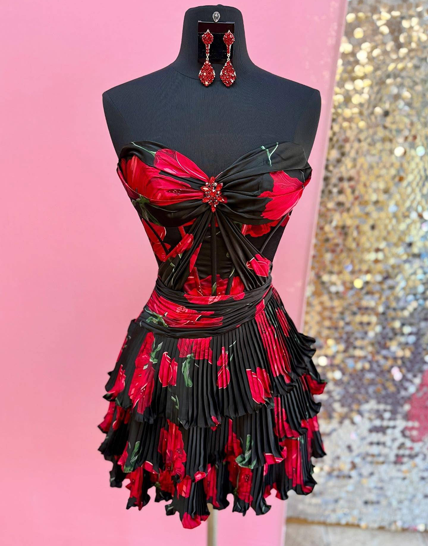 Sparkly Black and Red Floral A Line Ruffled Short Corset Homecoming Dress