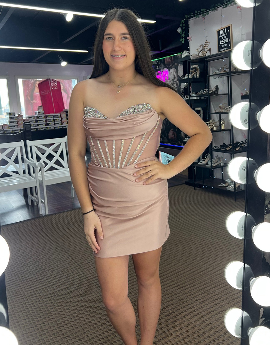 Sparkly Blush Sweetheart Tight Satin Short Corset Homecoming Dress with Rhinestone