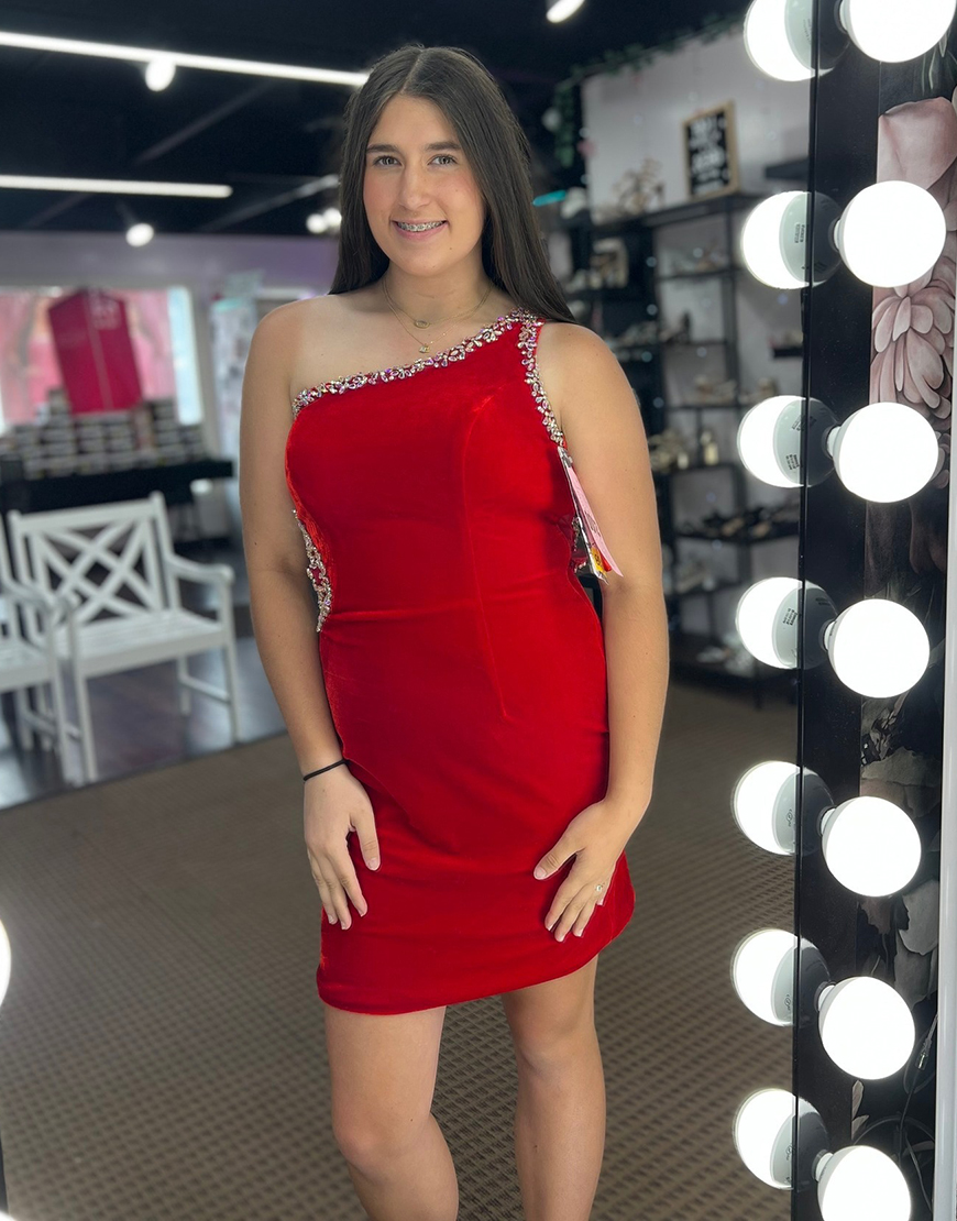 Sparkly Red One Shoulder Short Tight Homecoming Dress with Beading
