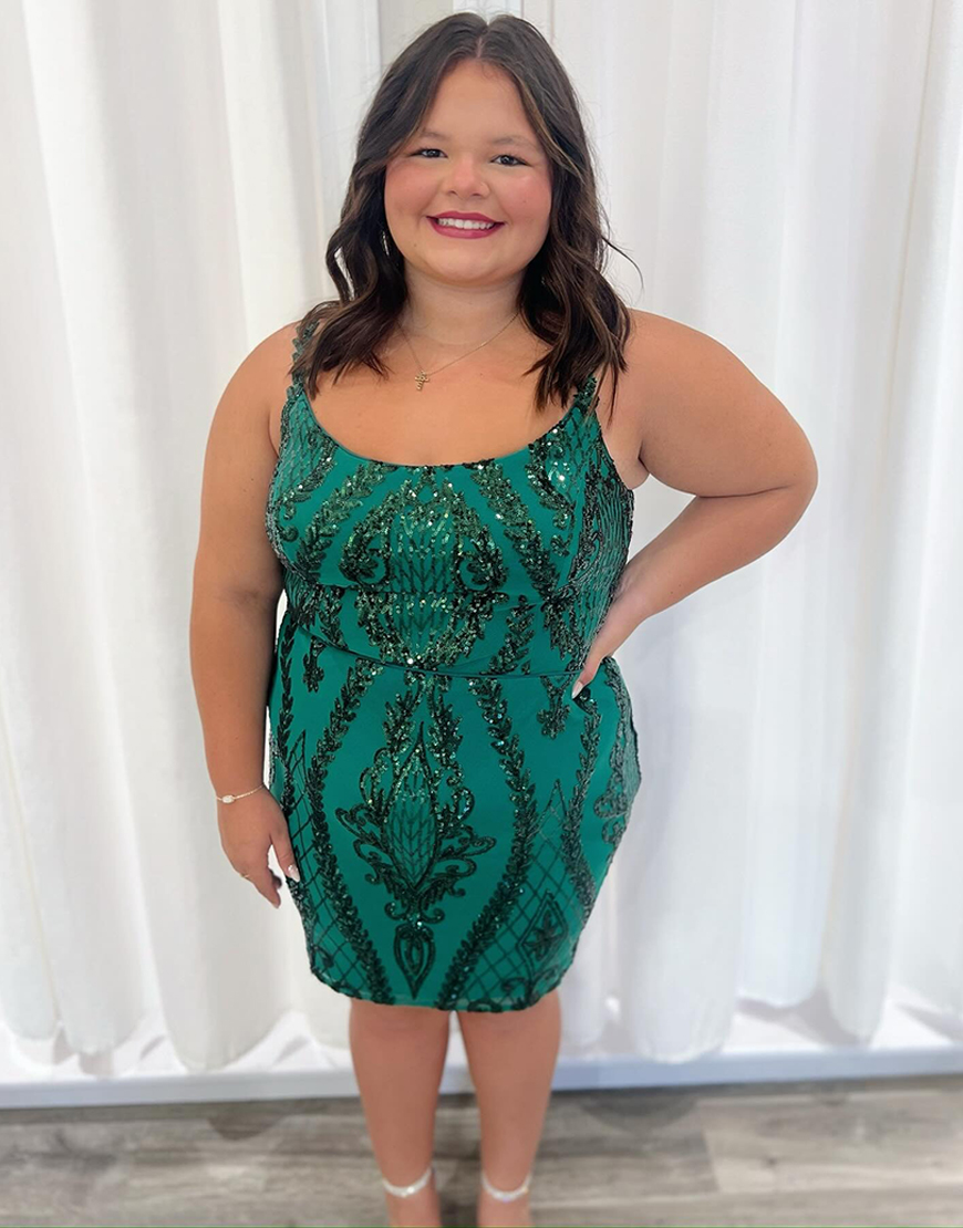 Sparkly Emerald Green Scoop Neck Short Sequin Tight Homecoming Dress