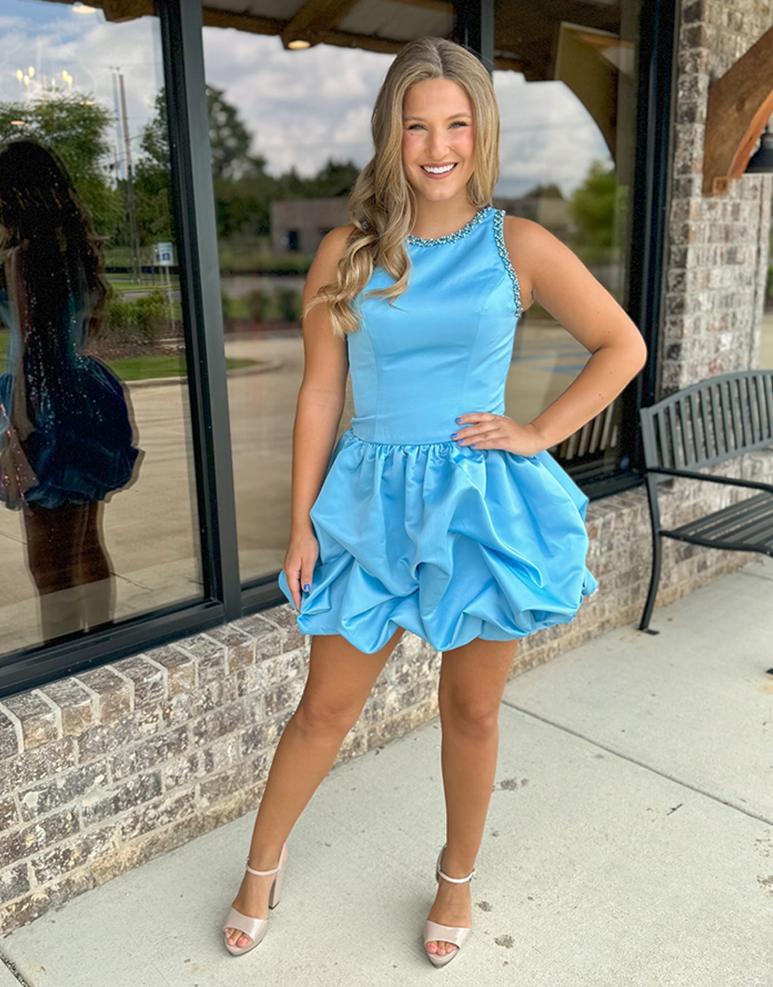 Berlinnova Women Sparkly Blue Short Corset Homecoming Dress with Ruffles Satin Round Neck A Line Hoco Dress with Beading