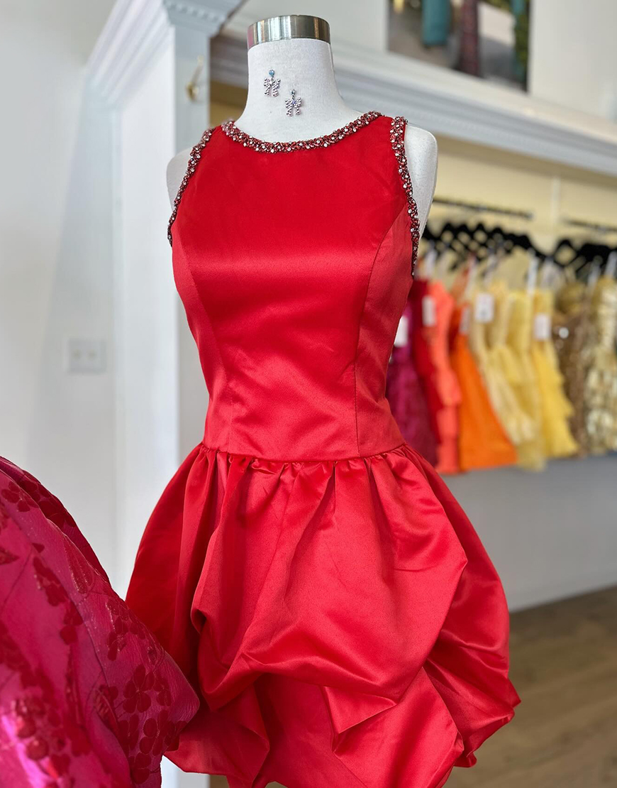 Sparkly Red A Line Satin Short Homecoming Dress with Beading