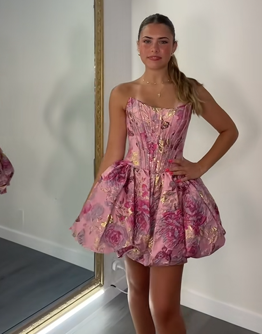 Grey Pink Floral Strapless A Line Short Corset Homecoming Dress