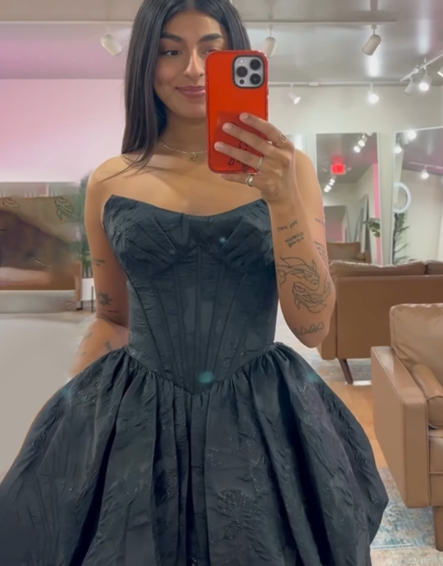 Black Floral A Line Strapless Short Corset Homecoming Dress