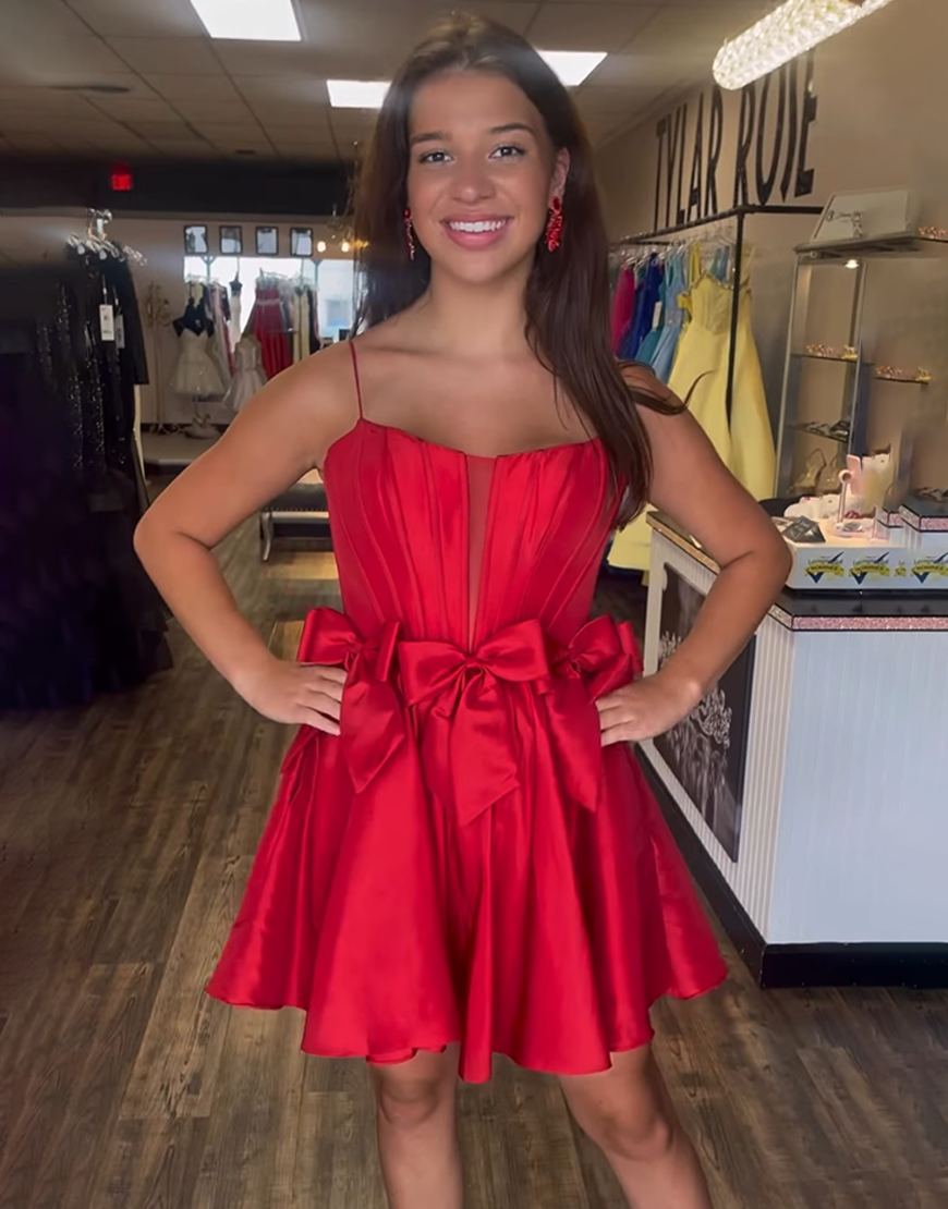 Red Satin Strapless A Line Short Corset Homecoming Dress with Bows