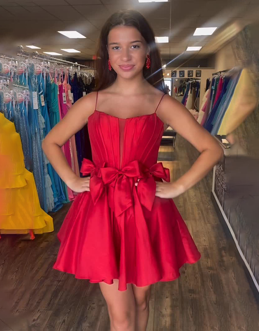 Red Satin Strapless A Line Short Corset Homecoming Dress with Bows