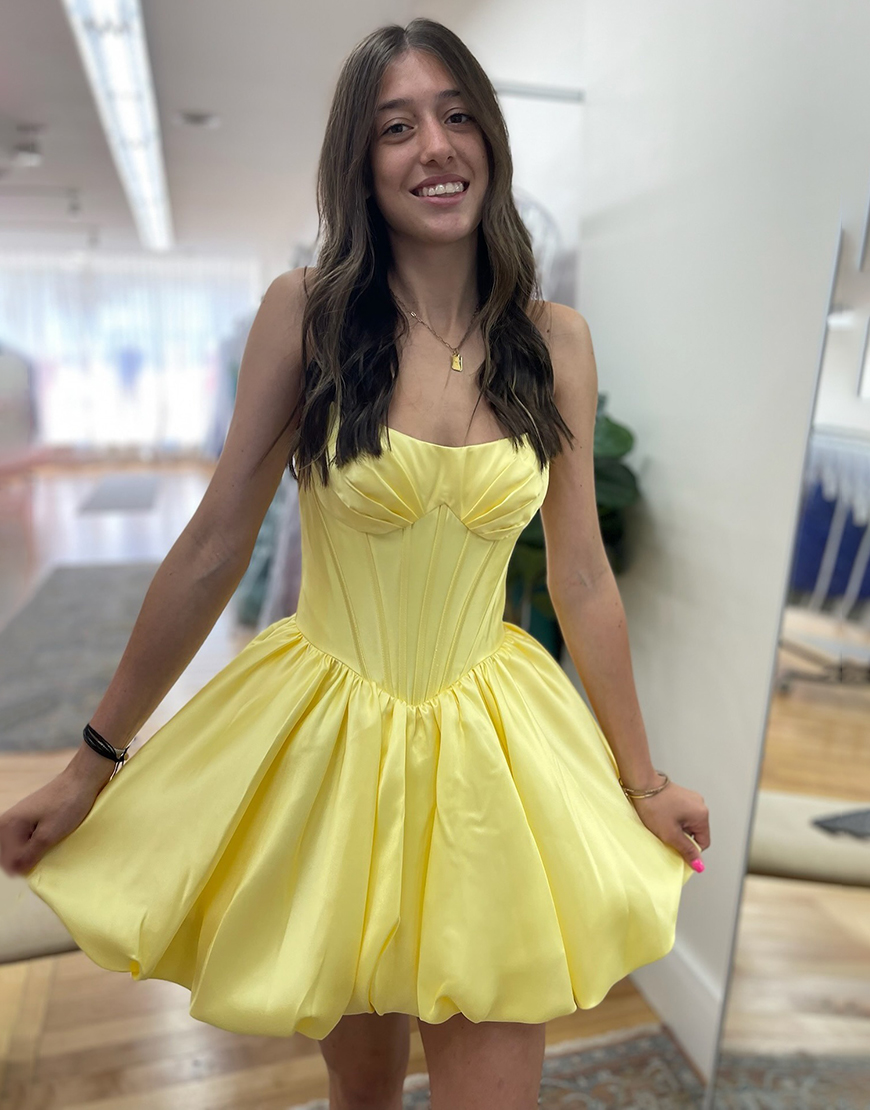 Yellow Satin Strapless A Line Short Corset Homecoming Dress