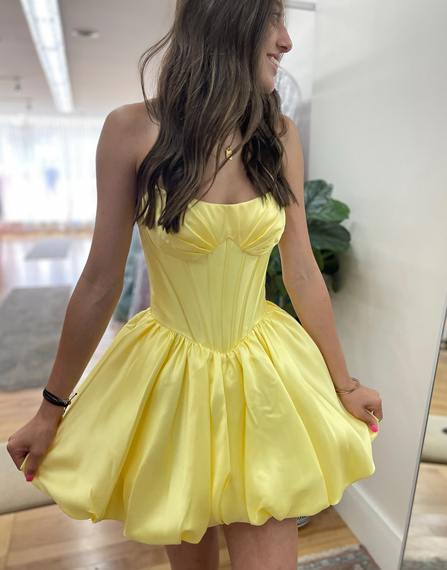 Yellow Satin Strapless A Line Short Corset Homecoming Dress