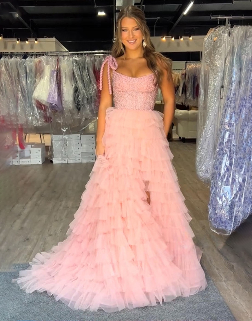 Sparkly White Beaded Tulle Ruffled Long Pageant Dress with Slit