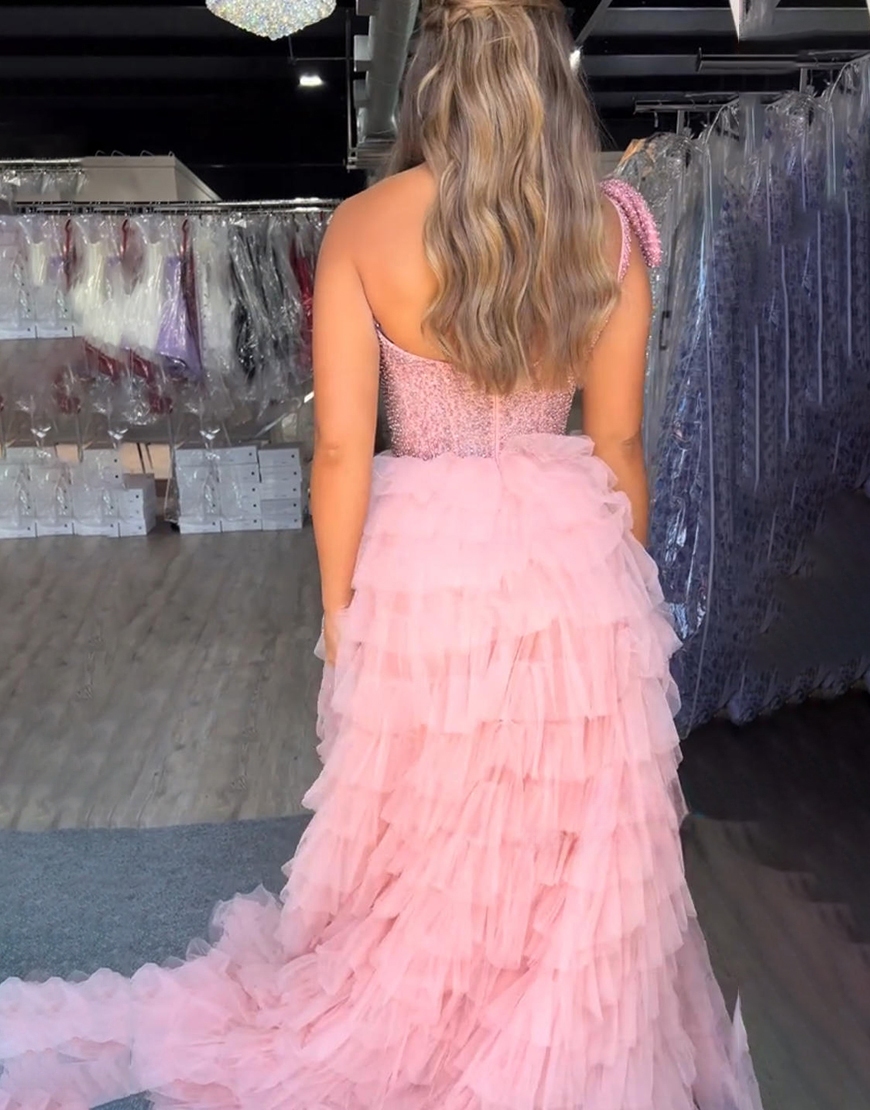 Sparkly White Beaded Tulle Ruffled Long Pageant Dress with Slit