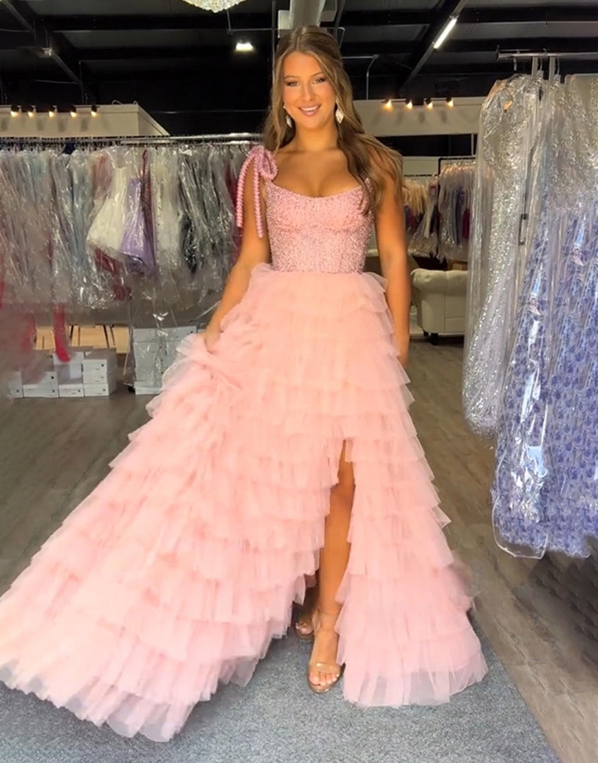 Sparkly White Beaded Tulle Ruffled Long Pageant Dress with Slit