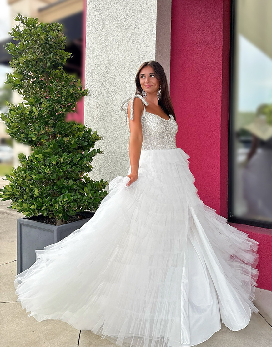 Sparkly White Beaded Tulle Ruffled Long Pageant Dress with Slit