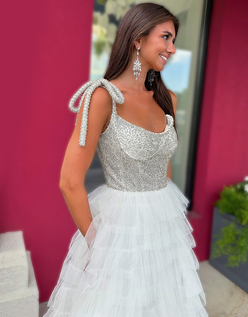 Sparkly White Beaded Tulle Ruffled Long Pageant Dress with Slit