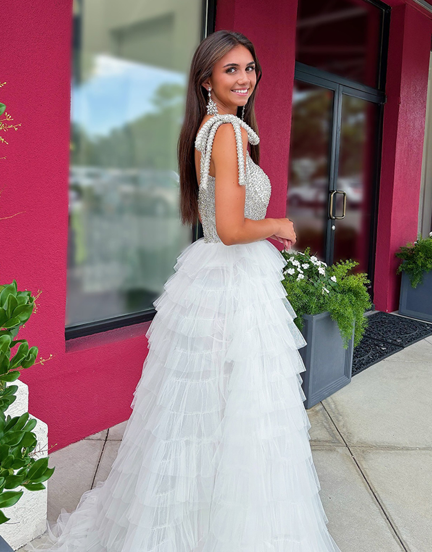 Sparkly White Beaded Tulle Ruffled Long Pageant Dress with Slit