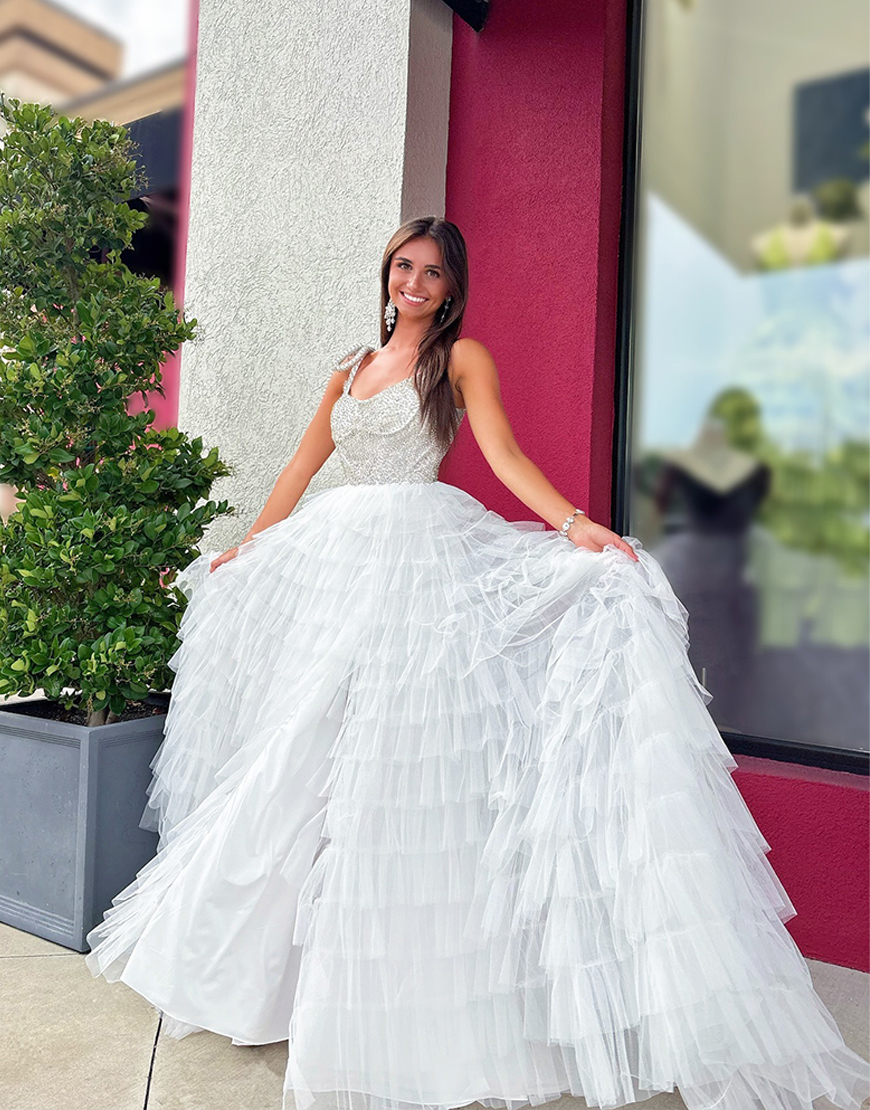 Sparkly White Beaded Tulle Ruffled Long Pageant Dress with Slit