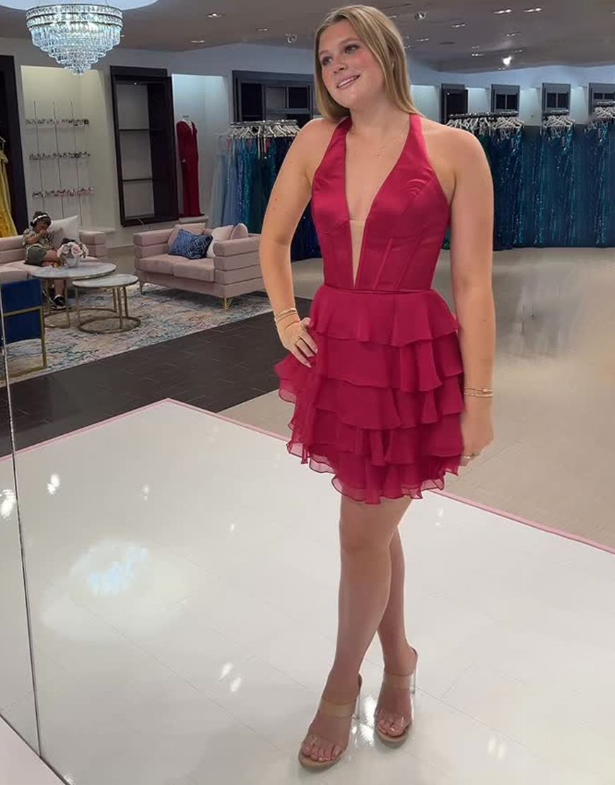 Red Halter Ruffled A Line Chiffon Short Corset Homecoming Dress